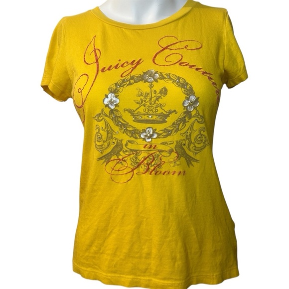 Juicy Couture Y2K Yellow Graphic Rhinestoned Mcbling Tee - Picture 1 of 6